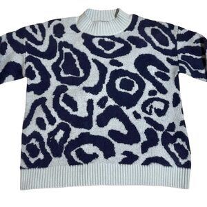 Maude Vivante XS Sweater Blue White Animal Print Soft Knit 3/4 Sleeve Cozy Luxe